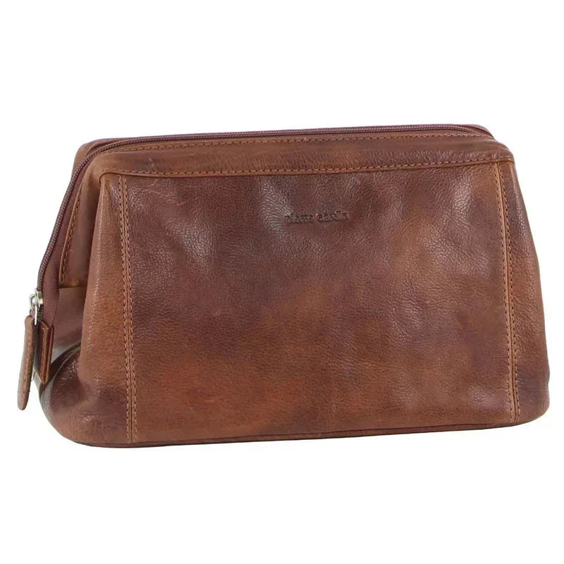 Mens Rustic Leather Toiletry Case Bag Travel - Cognac