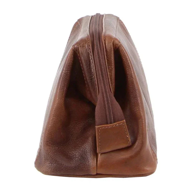 Mens Rustic Leather Toiletry Case Bag Travel - Cognac