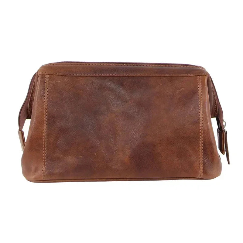 Mens Rustic Leather Toiletry Case Bag Travel - Cognac