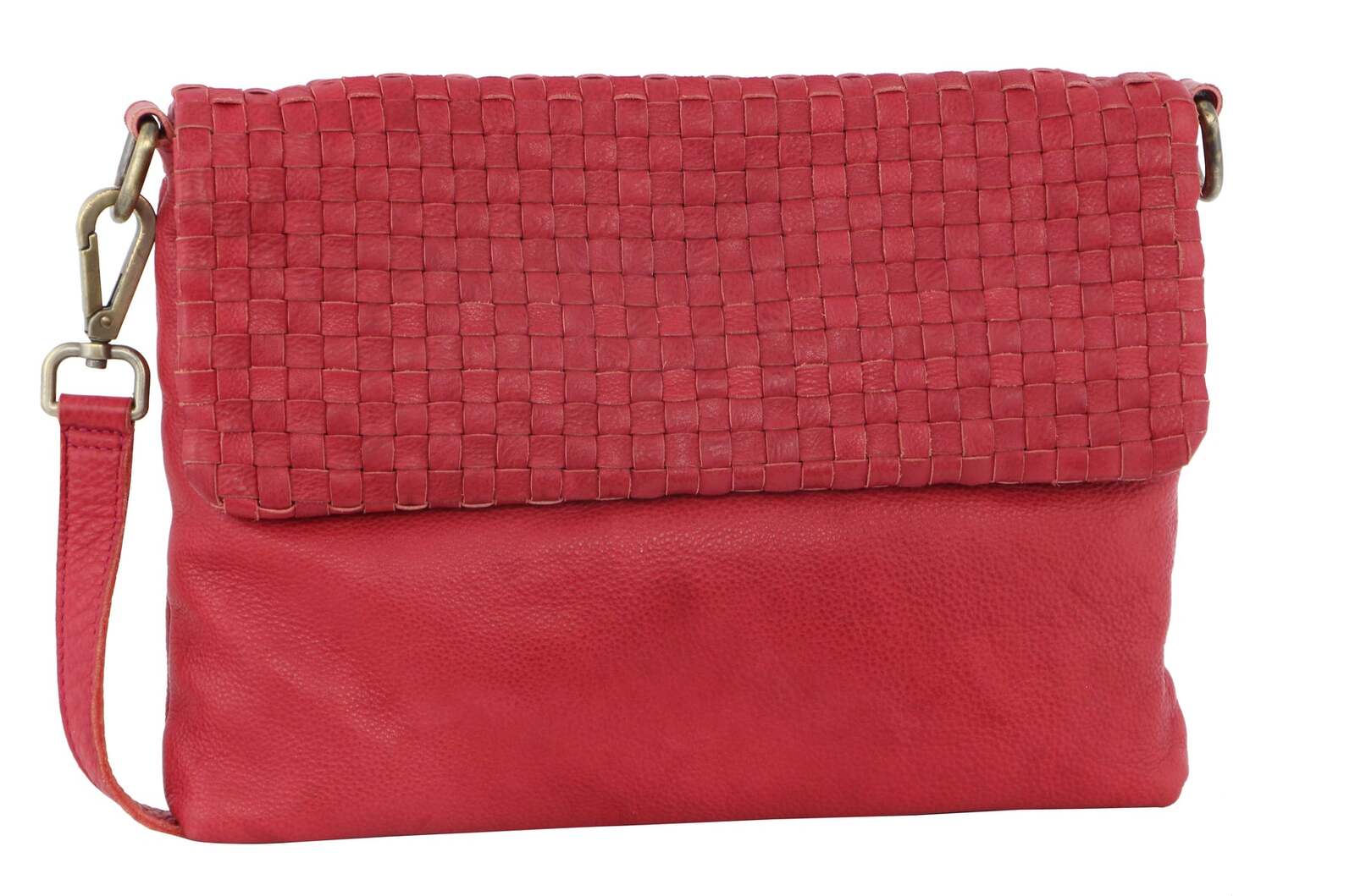 Womens Woven Leather Flap Cross-Body Bag/Clutch - Red