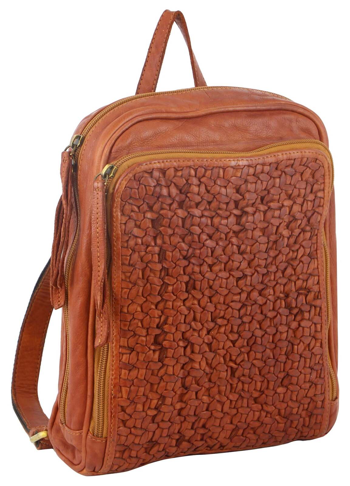 Woven Leather Ladies Backpack Bag Travel - Cognac