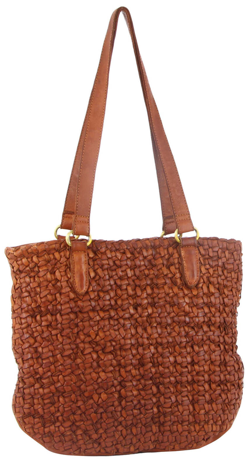Woven Leather Ladies Shoulder Bag Travel Carry - Cognac