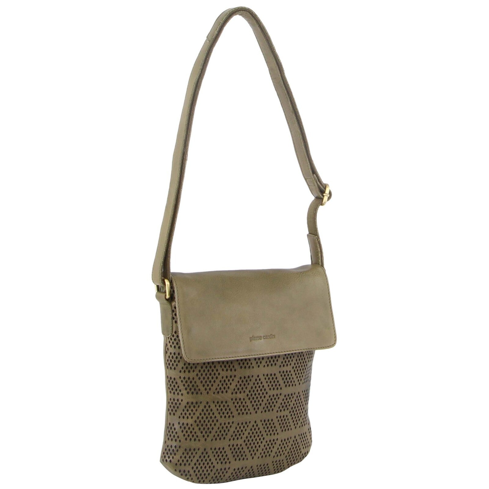 Leather Perforated Cross-Body Bag with Flap Closure - Olive