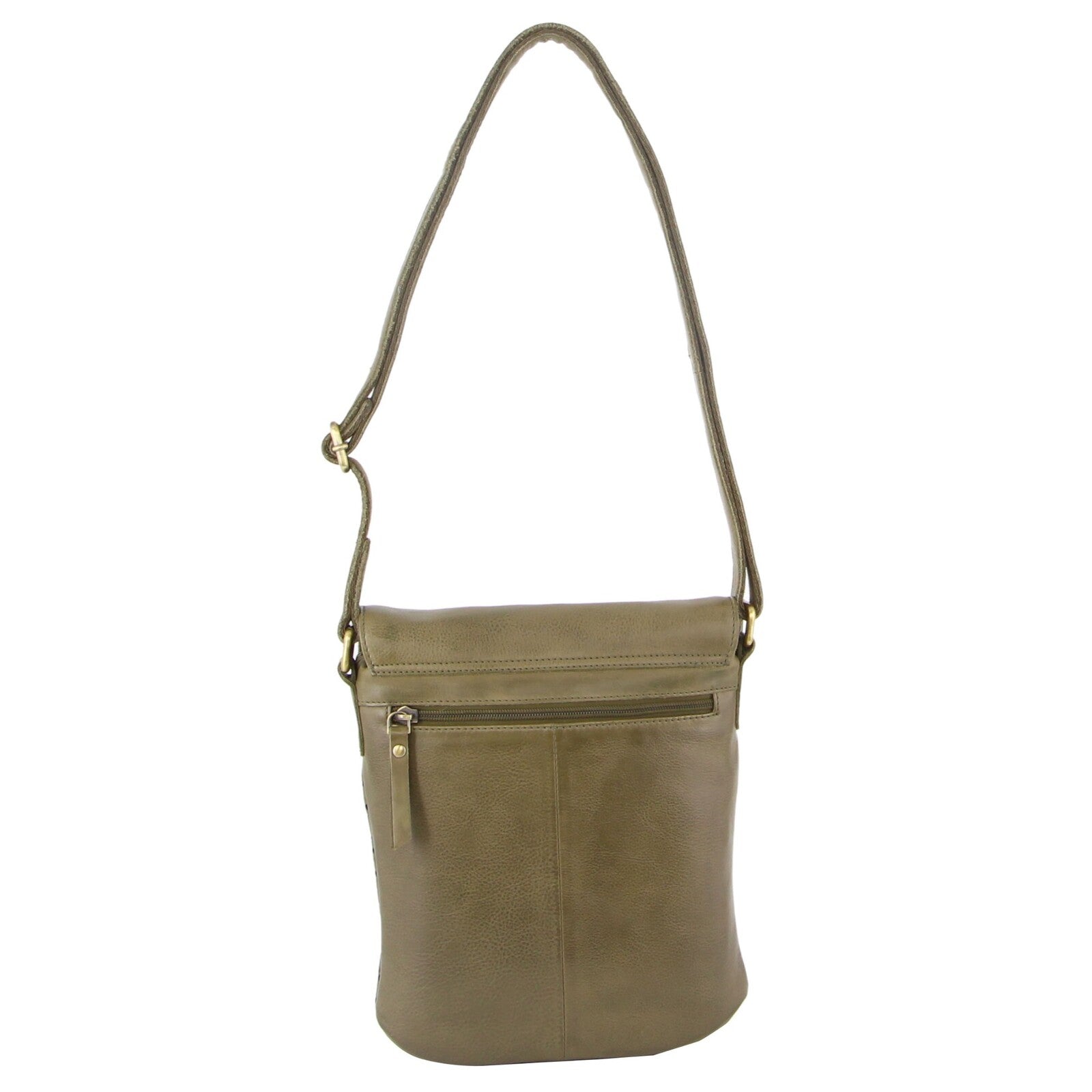 Leather Perforated Cross-Body Bag with Flap Closure - Olive