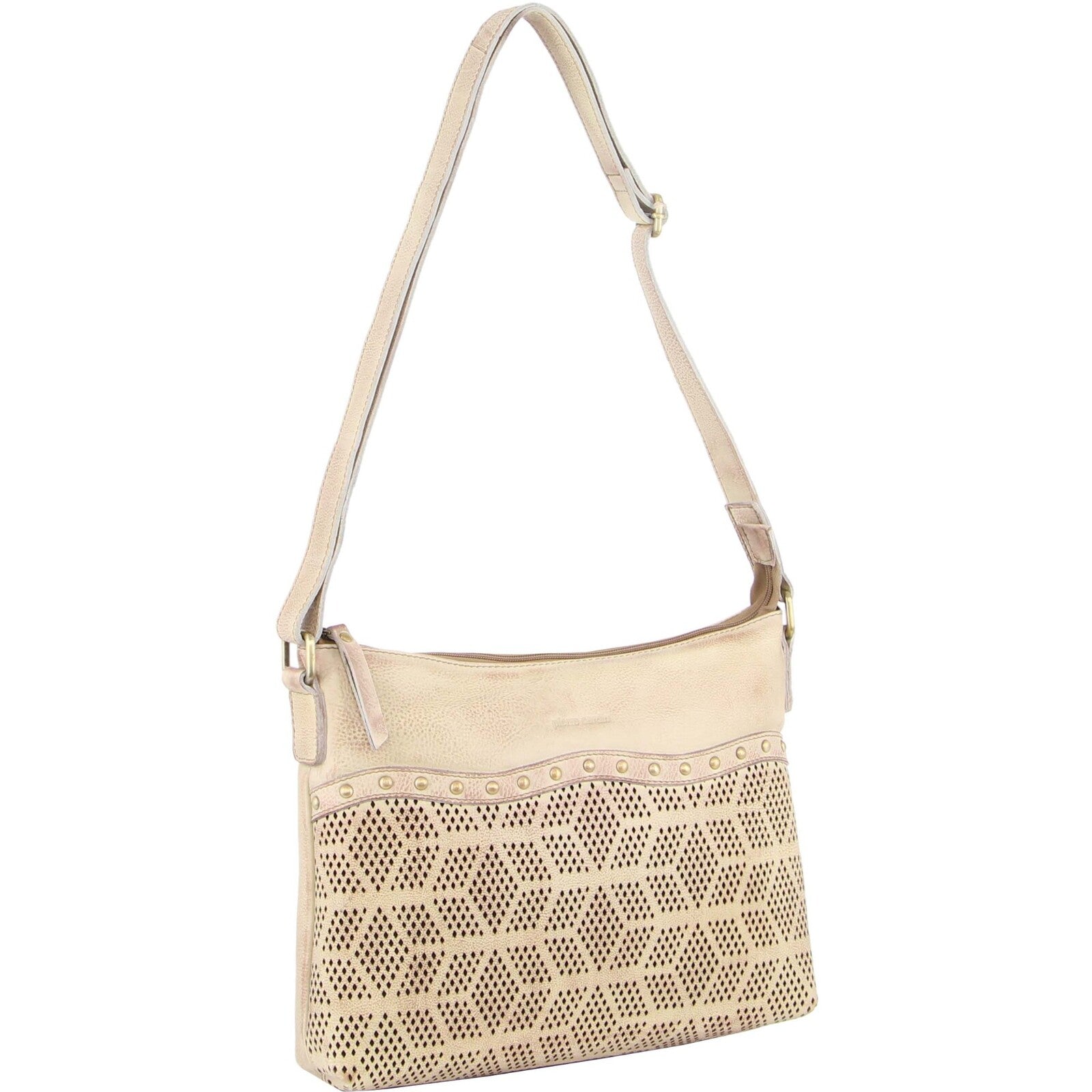 Womens Leather Perforated Cross-Body Bag with stud Detailing - Latte