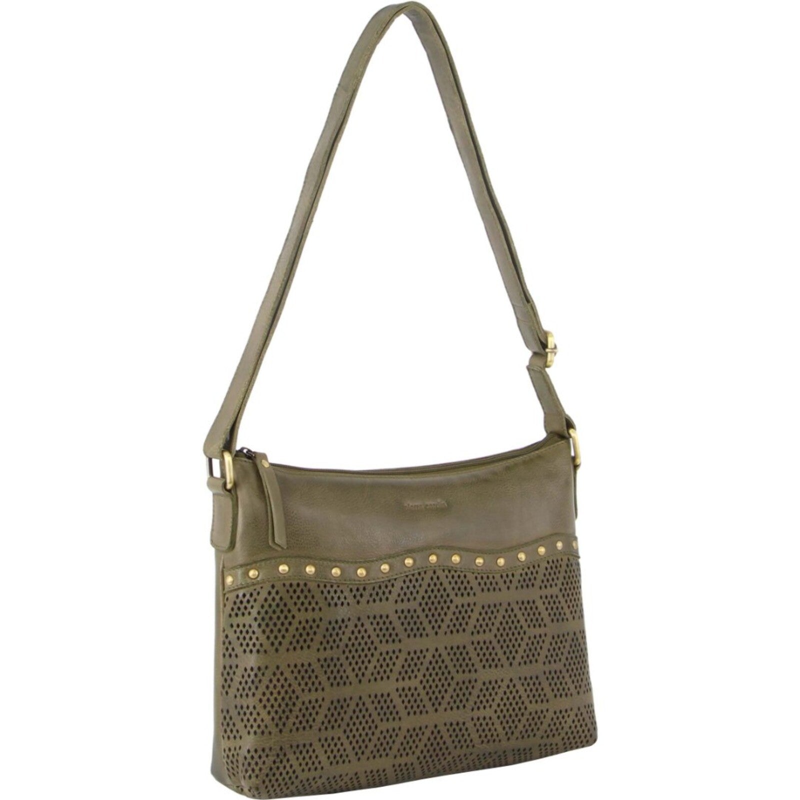 Womens Leather Perforated Cross Body Bag w/ Stud Detailing Travel - Olive