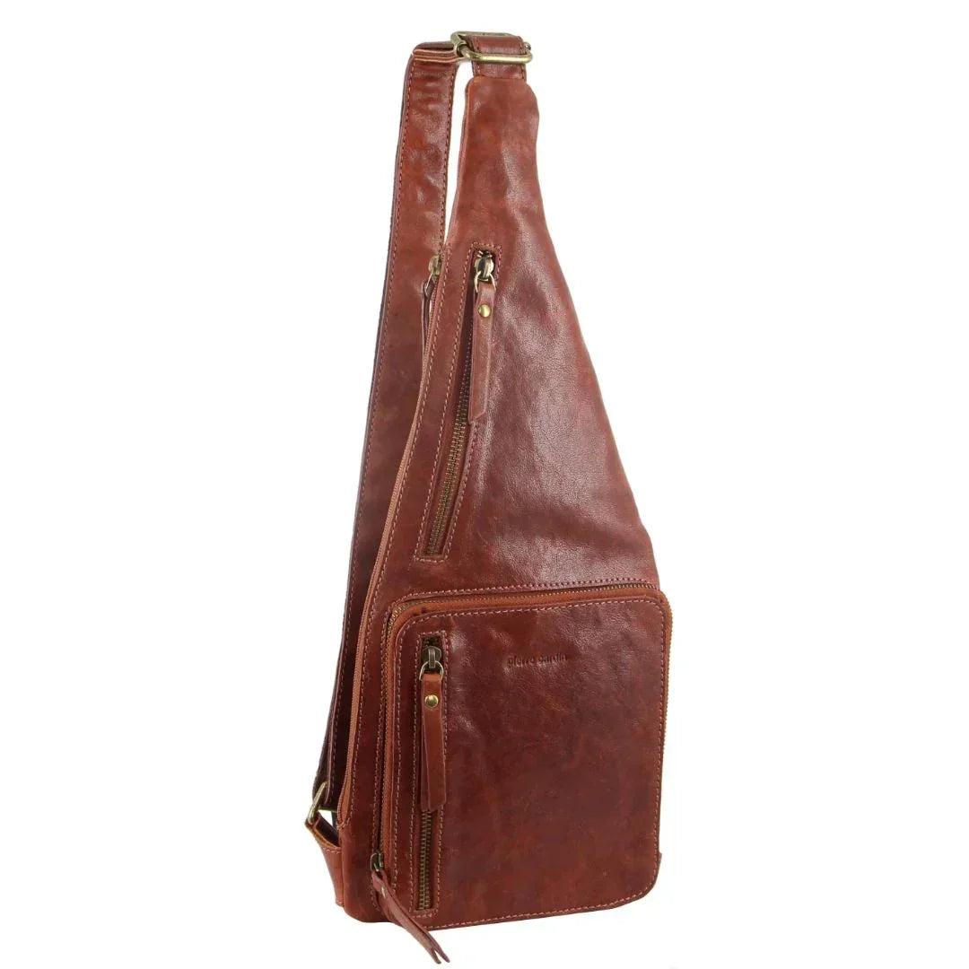 Mens Sling Bag Rustic Leather Crossbody Chest Backpack - Chestnut