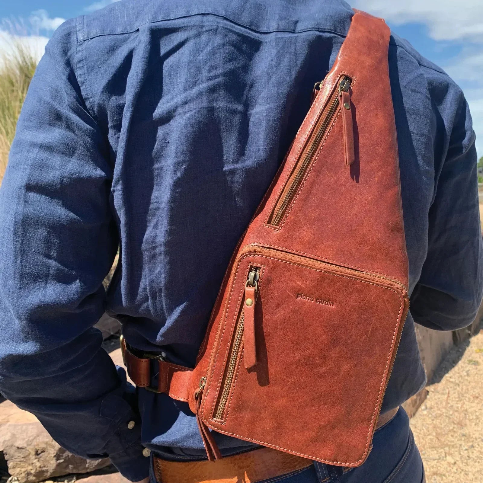 Mens Sling Bag Rustic Leather Crossbody Chest Backpack - Chestnut