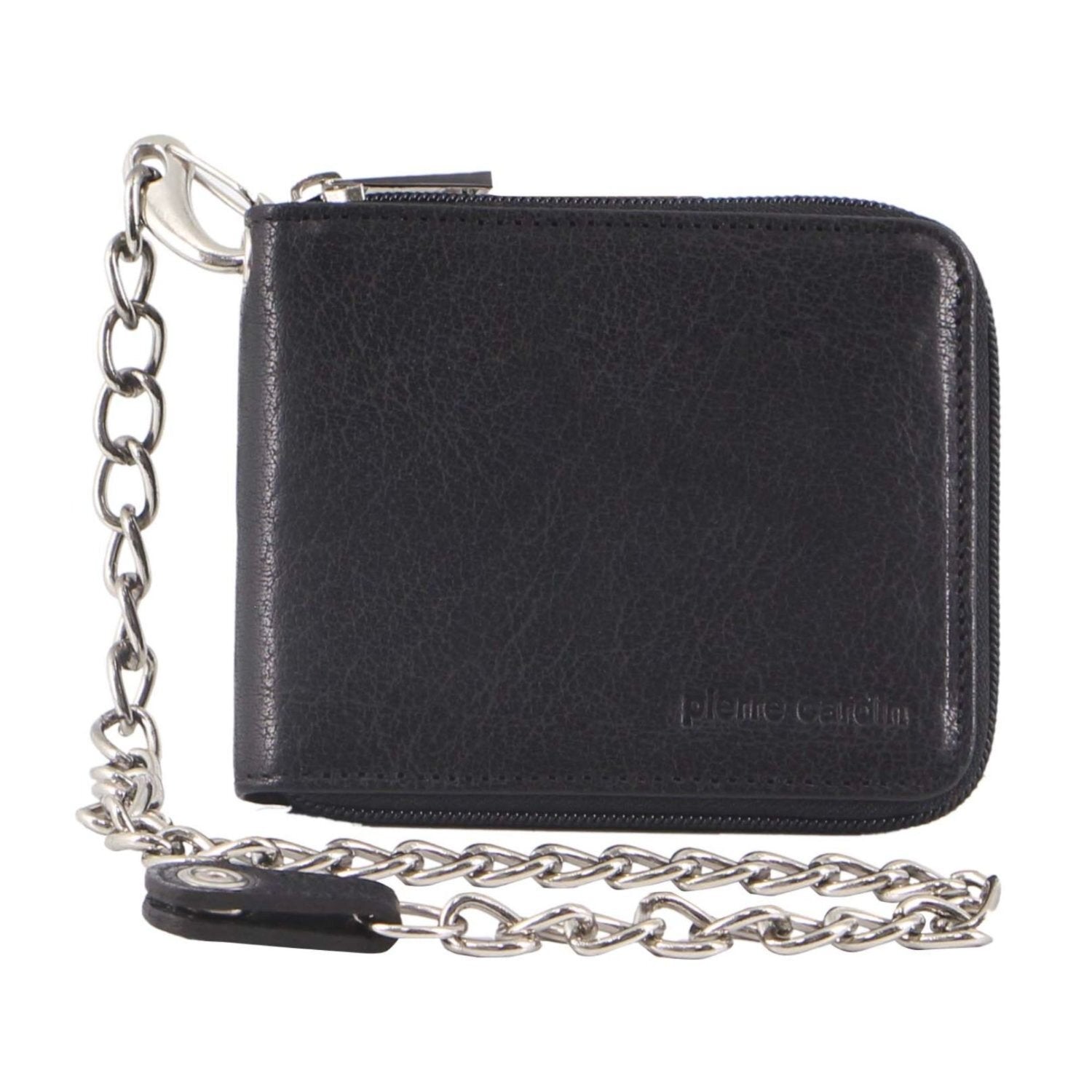 Zip Around Mens Leather Wallet with Chain in Black