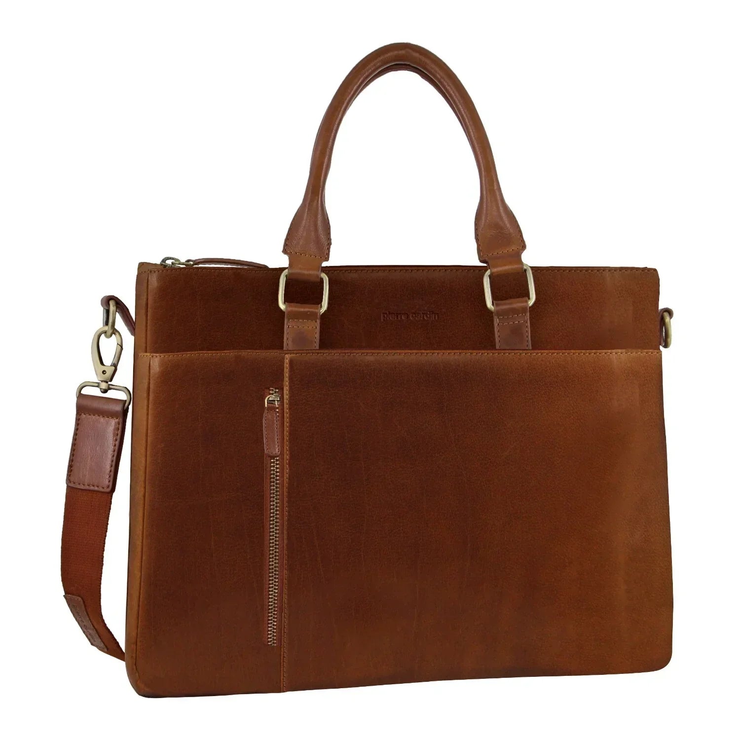 Brown leather briefcase with top handles, front zipper pocket, and detachable shoulder strap