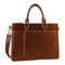Brown leather briefcase with top handles, front zipper pocket, and detachable shoulder strap