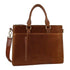 Brown leather briefcase with top handles, front zipper pocket, and detachable shoulder strap