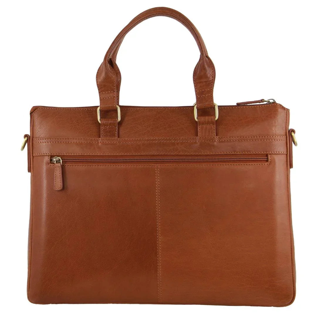 Tan leather laptop bag with front zipper pocket and dual handles, modern business accessory