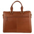 Tan leather laptop bag with front zipper pocket and dual handles, modern business accessory