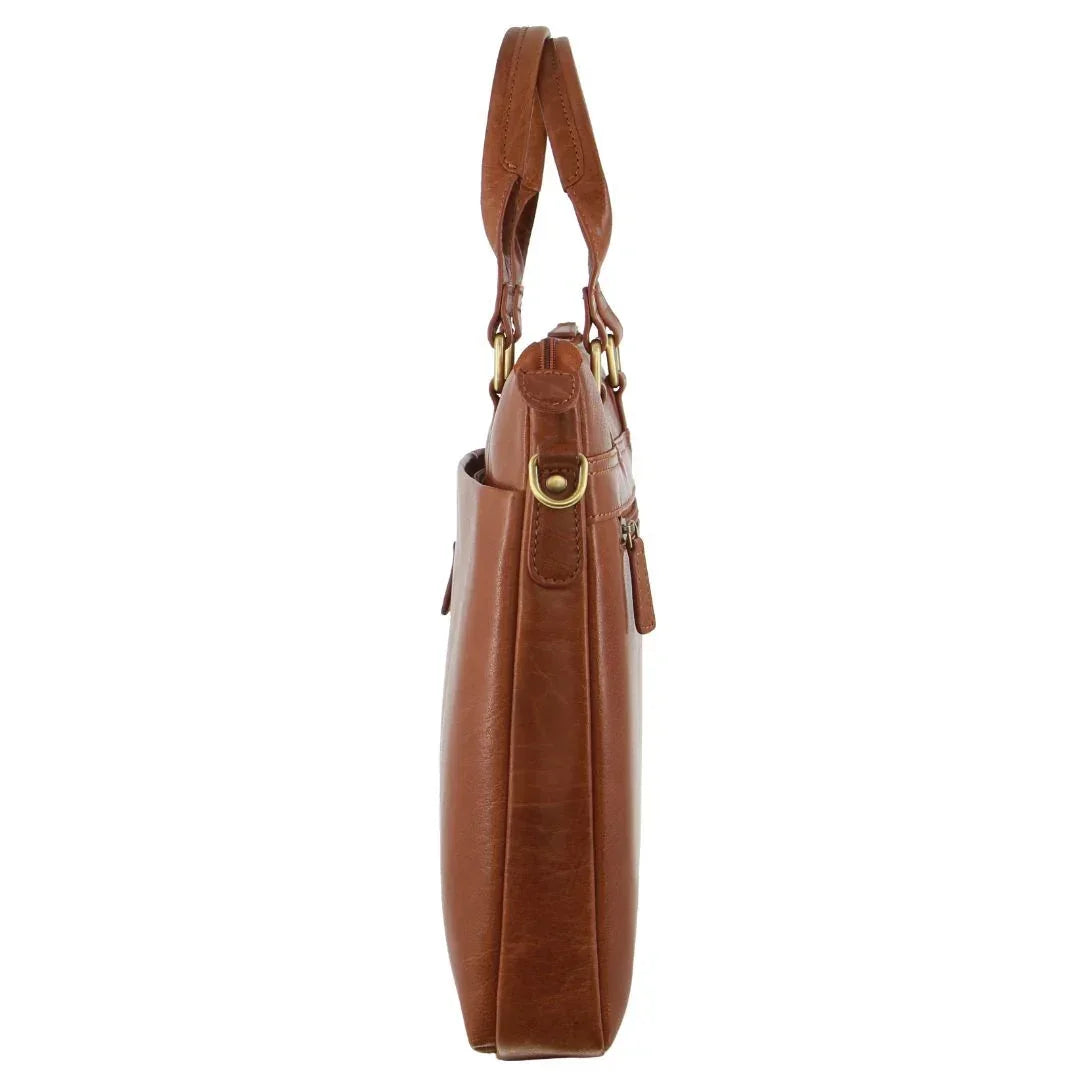 Side view of a tan leather laptop bag with handles and gold-tone hardware