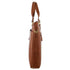 Side view of a tan leather laptop bag with handles and gold-tone hardware