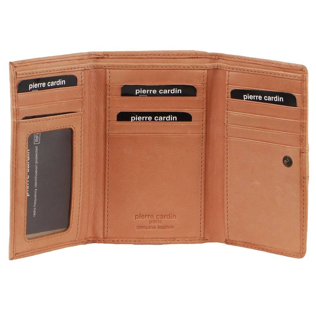 Leather Ladies Woven Design Tri-fold Wallet in Apricot