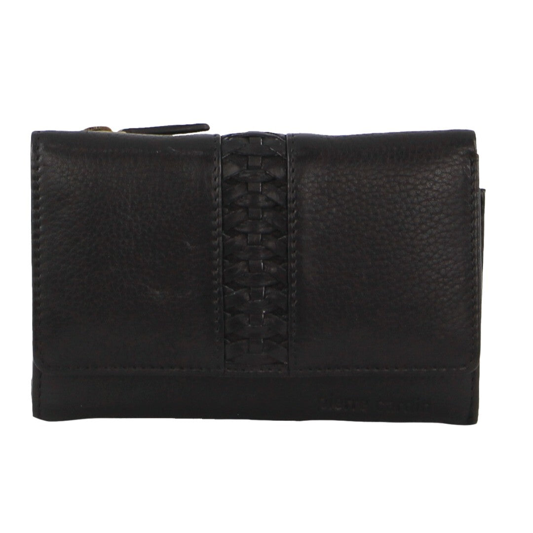 Leather Ladies Woven Design Tri-fold RFID Wallet in Black