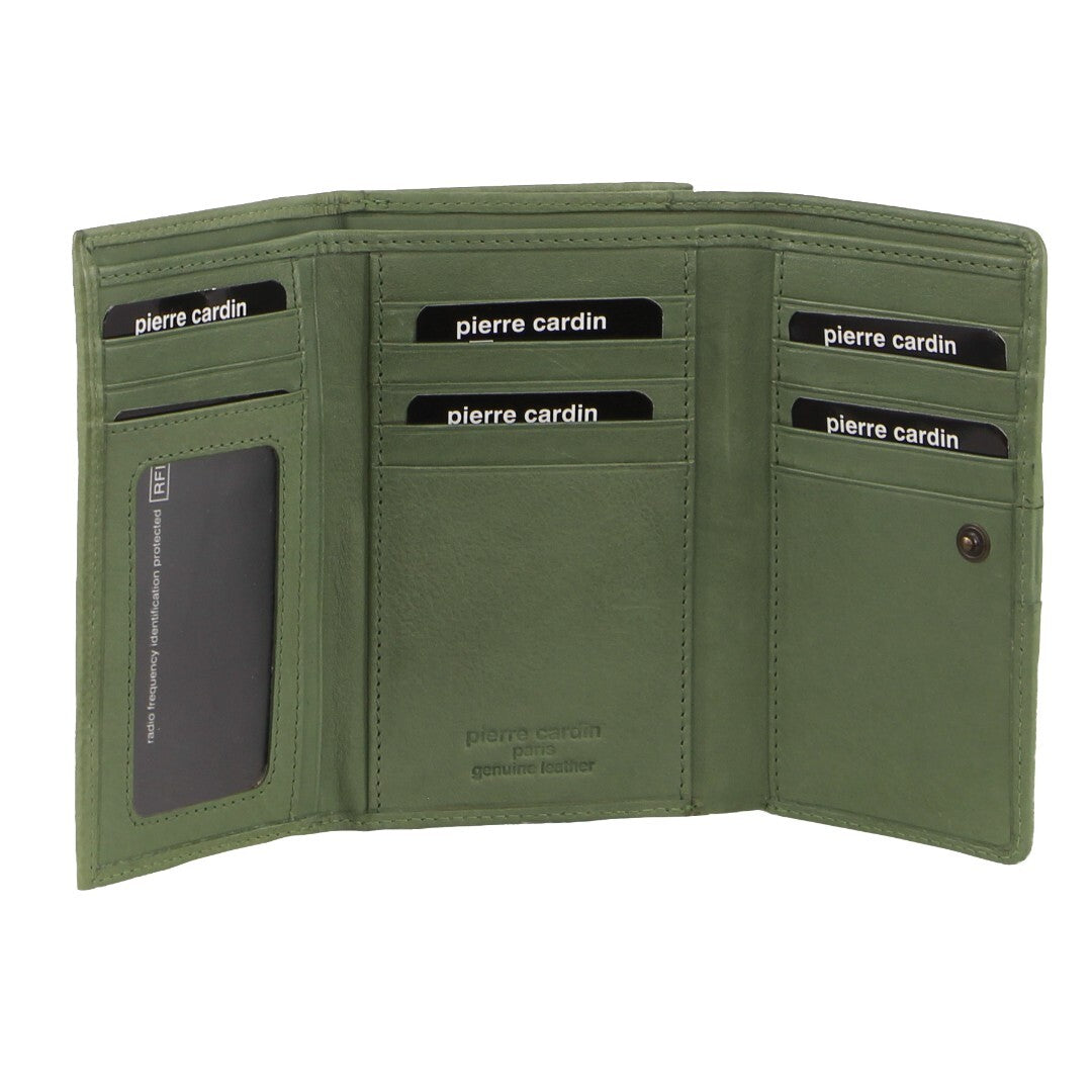 Leather Ladies Woven Design Tri-fold Wallet in Leaf Green