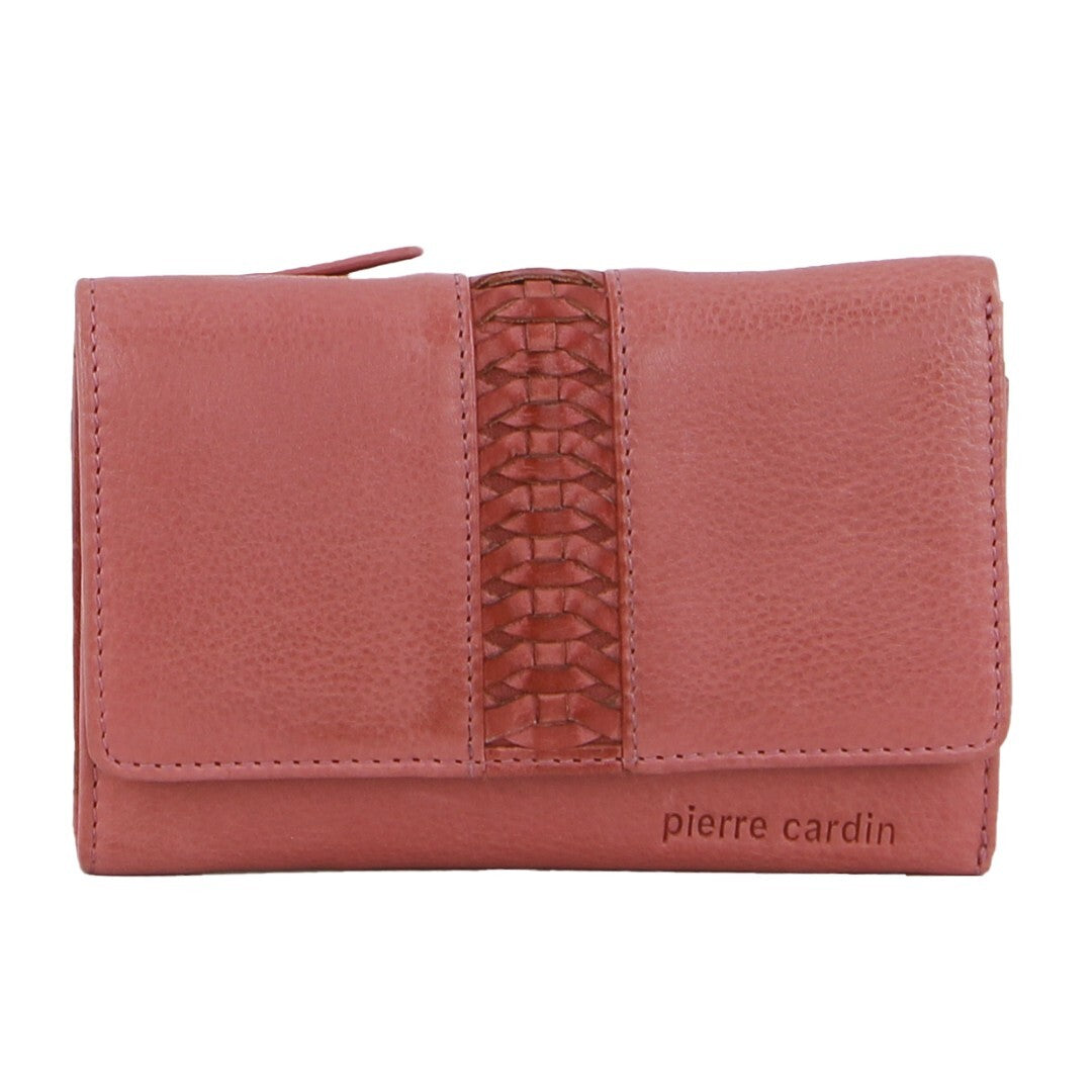 Leather Ladies Woven Design Tri-fold Wallet in Marsala