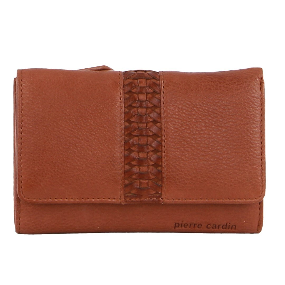Leather Ladies Woven Design Tri-Fold Wallet in Tan