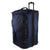 Navy blue rolling duffle bag with handle and zippered pockets, travel luggage