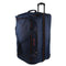 Navy blue rolling duffle bag with handle and zippered pockets, travel luggage