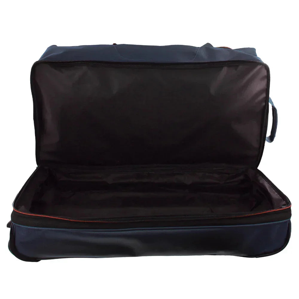 Open navy blue travel duffel bag with spacious main compartment and side handle