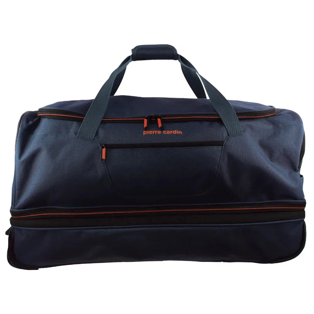 Navy blue duffle bag with orange zippers, dual handles, and front zip pocket