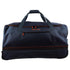 Navy blue duffle bag with orange zippers, dual handles, and front zip pocket