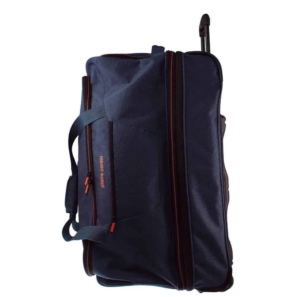 Navy blue wheeled duffle bag with handles and zippered compartments