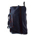Navy blue wheeled duffle bag with handles and zippered compartments