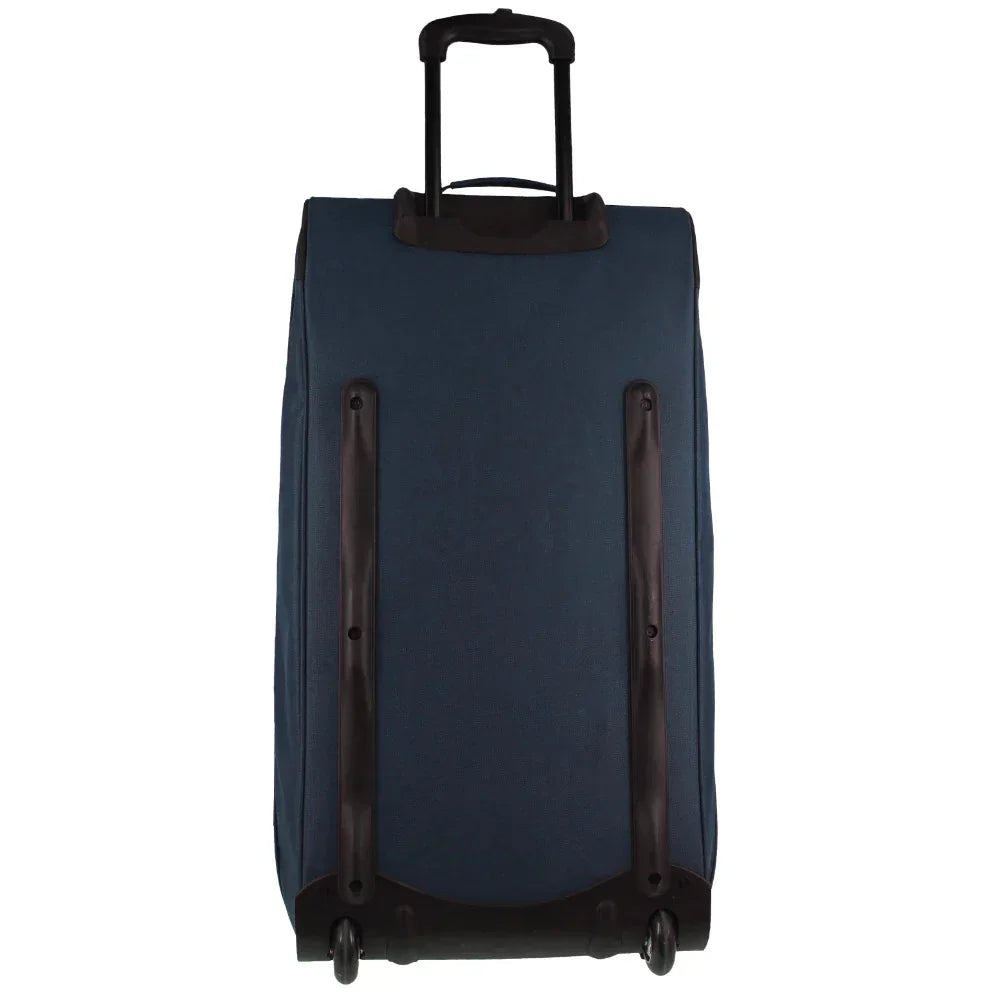 Navy blue rolling suitcase with telescopic handle and wheels, upright on white background