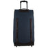 Navy blue rolling suitcase with telescopic handle and wheels, upright on white background