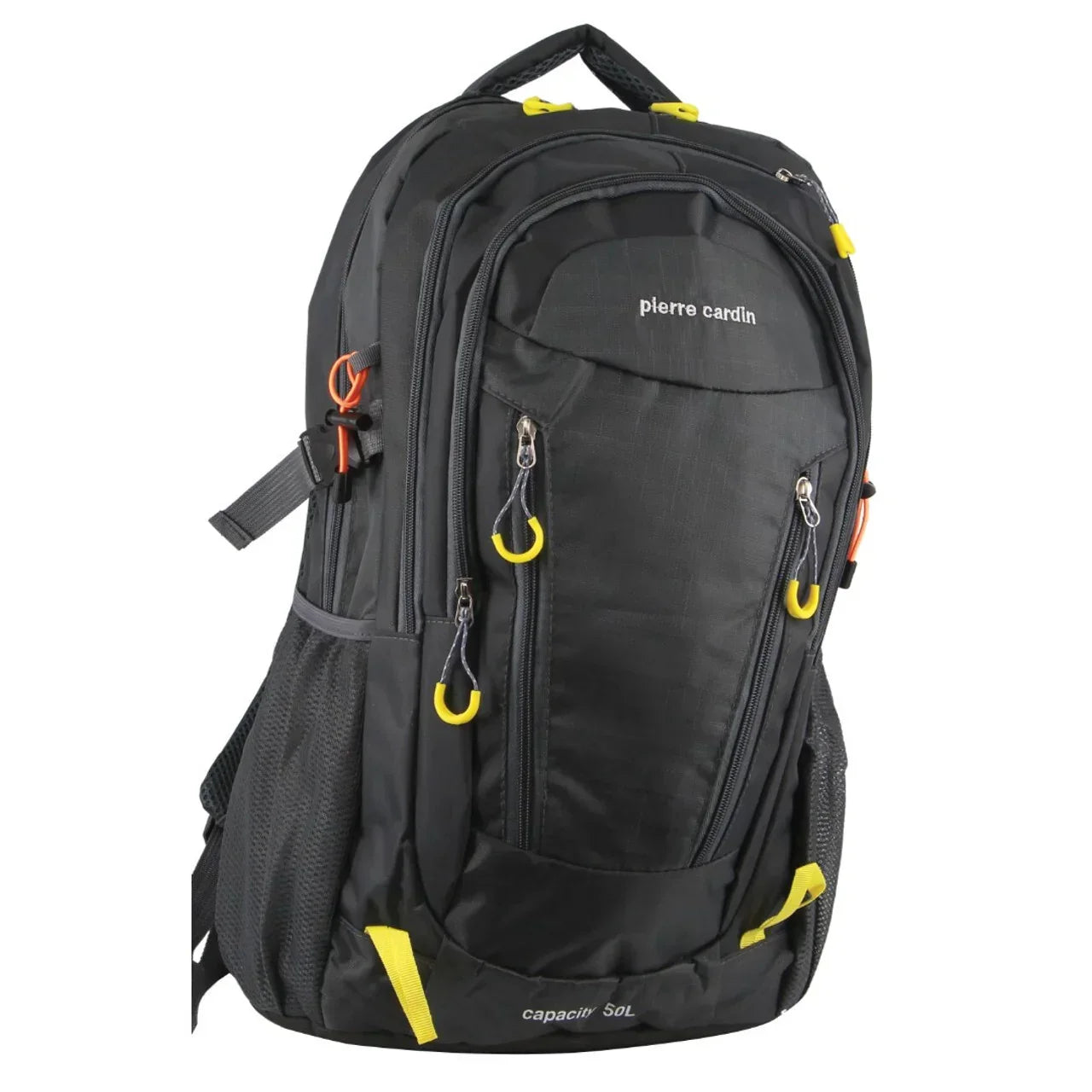 Black backpack with yellow accents and 'Pierre Cardin' branding on a white background