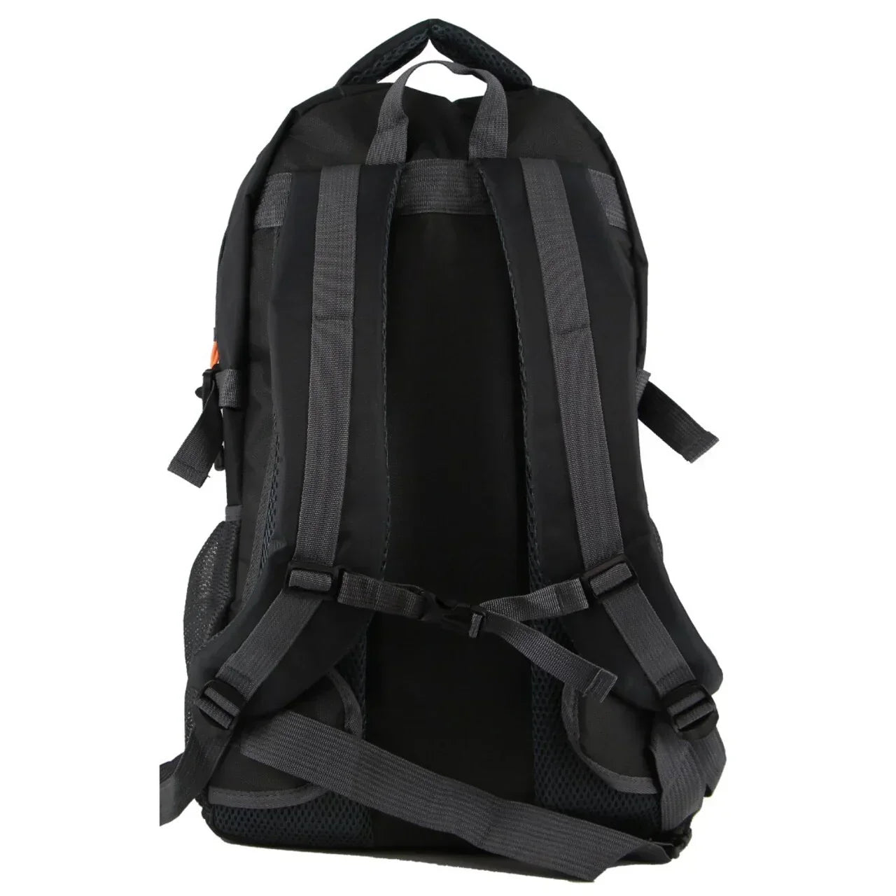 Grey and black backpack with adjustable padded shoulder straps and mesh side pockets