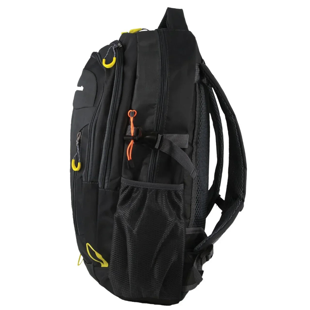 Black backpack with yellow and orange zipper pulls, side mesh pocket, and adjustable straps