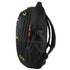 Black backpack with yellow and orange zipper pulls, side mesh pocket, and adjustable straps