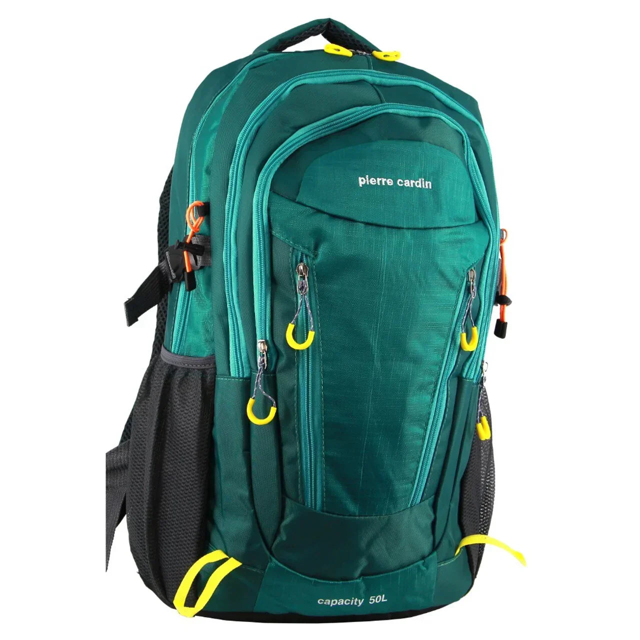 Green 50L backpack with multiple zippered pockets and yellow accents, outdoor travel bag