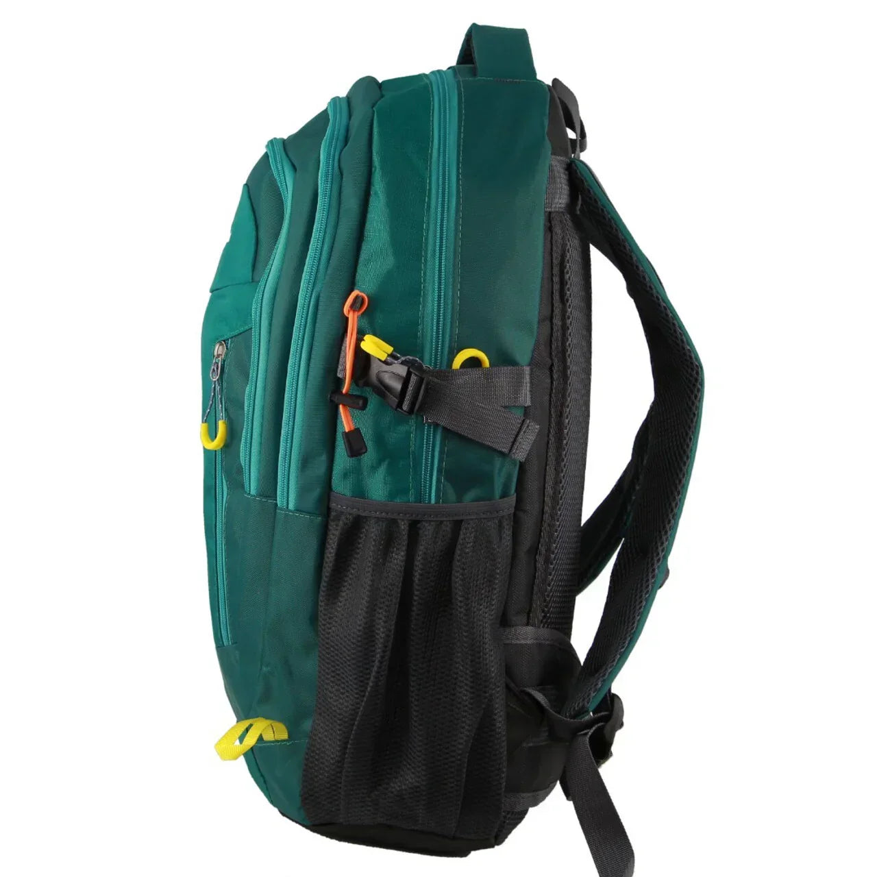 Green outdoor backpack with multiple zippered compartments, mesh side pocket, and padded straps