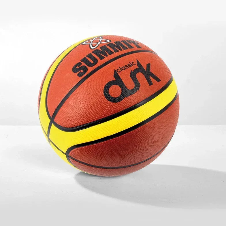 Orange and yellow Summit basketball with textured surface on white background