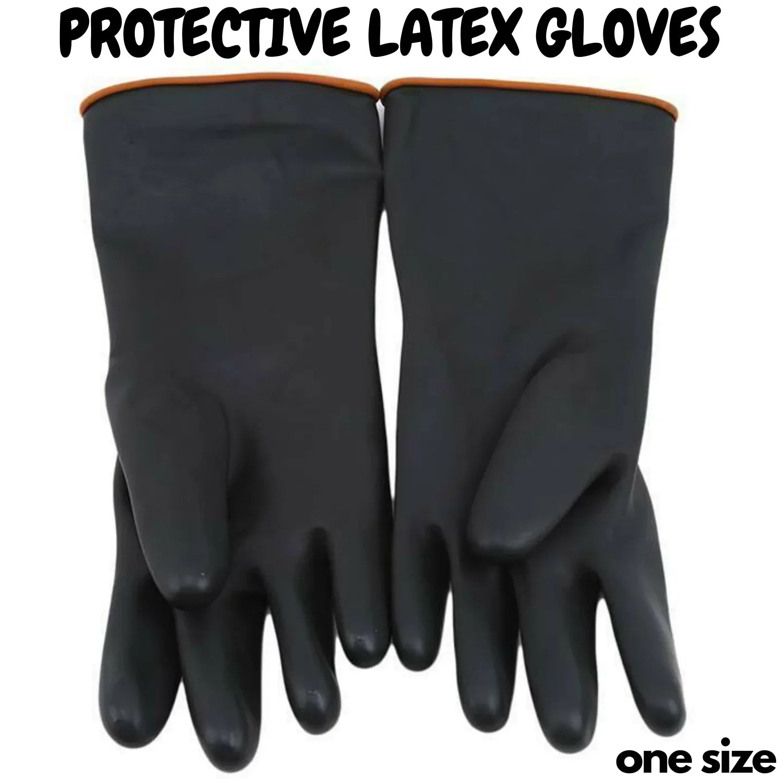 Black protective latex gloves with orange trim, full-fingered, one size