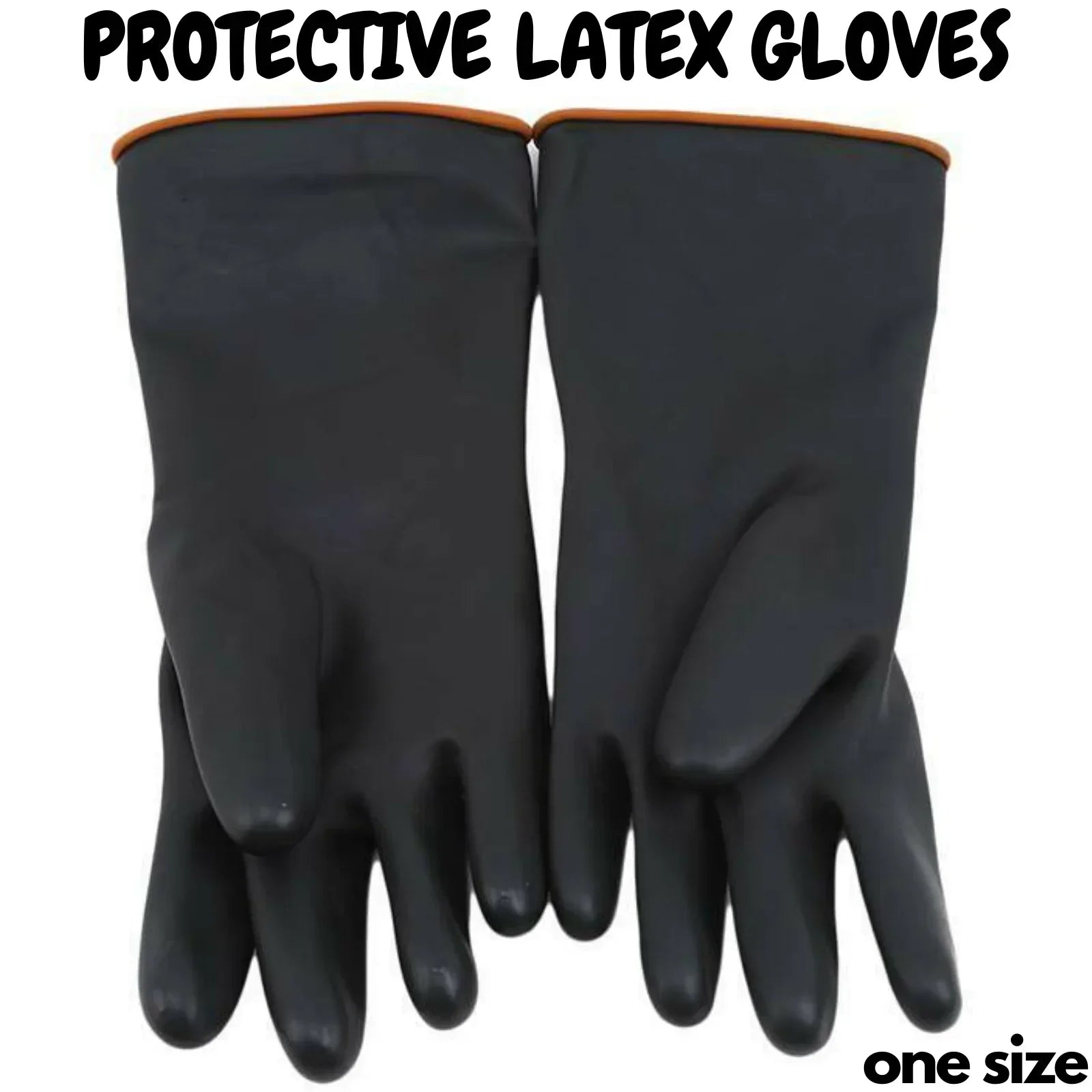 Black protective latex gloves with orange cuffs, one size, displayed flat on white background.