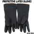 Black protective latex gloves with orange cuffs, one size, displayed flat on white background.