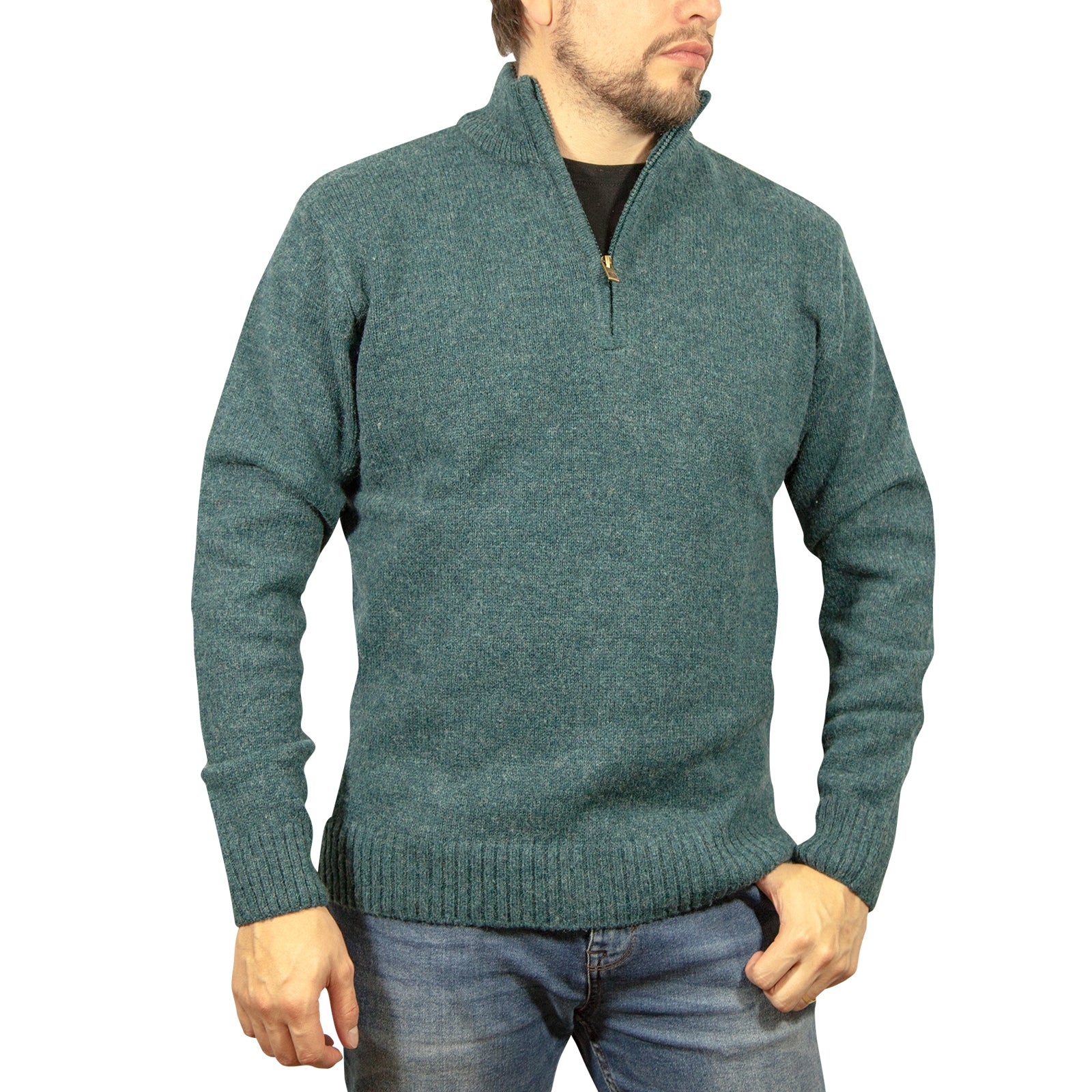 100% SHETLAND WOOL Half Zip Up Knit JUMPER Pullover Mens Sweater Knitted - Sherwood (32) - 6XL