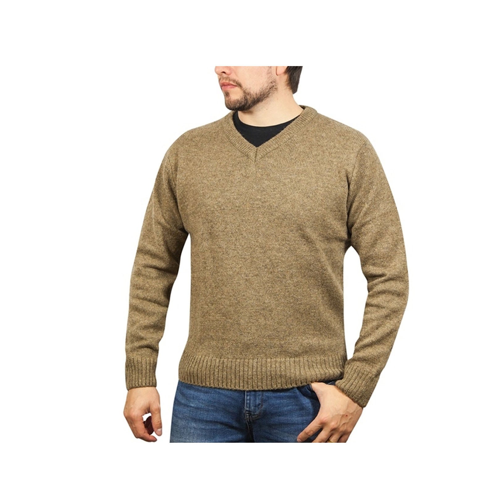 100% Shetland Wool V Neck Knit Jumper Pullover Mens Sweater Knitted - Nutmeg (23) - 5XL