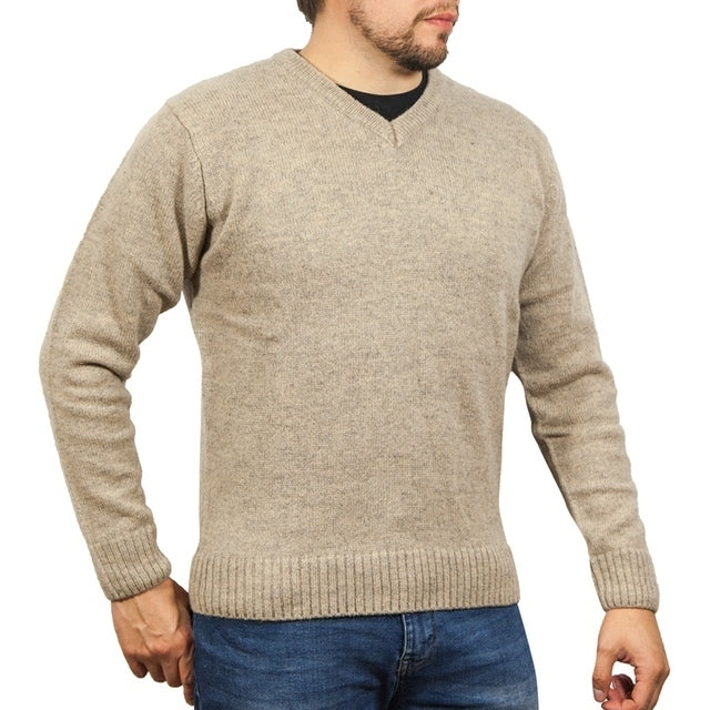 100% Shetland Wool V Neck Knit Jumper Pullover Mens Sweater Knitted - Oat Marle (03) - S