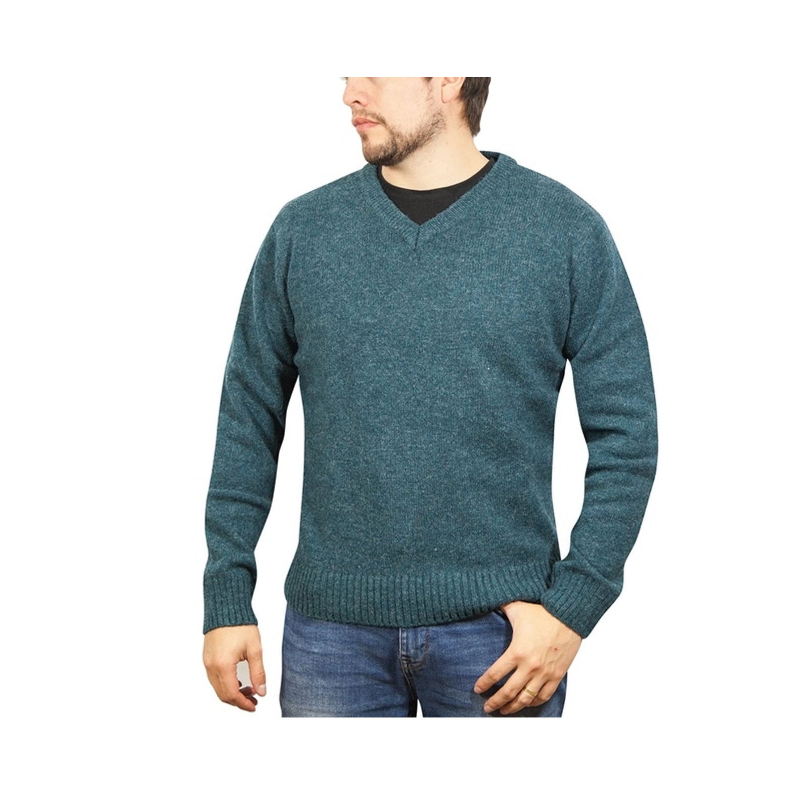 100% Shetland Wool V Neck Knit Jumper Pullover Mens Sweater Knitted - Sherwood (32) - 3XL