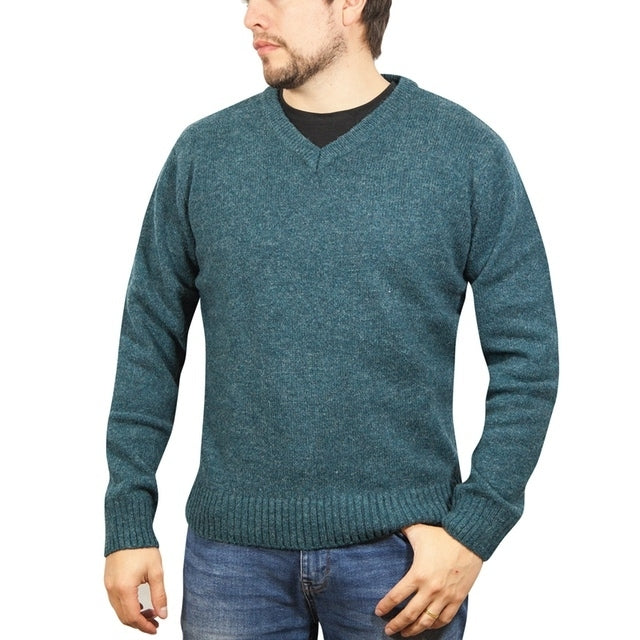 100% Shetland Wool V Neck Knit Jumper Pullover Mens Sweater Knitted - Sherwood (32) - 6XL