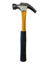 Claw hammer with yellow and black ergonomic handle on white background.